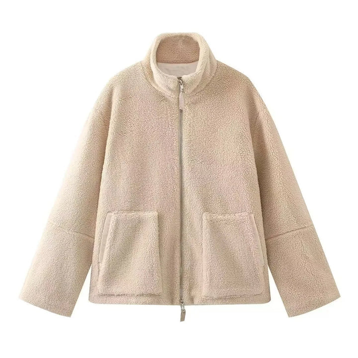 Manteau en peluche à large revers et fermeture sur le devant pour femmes - Aino