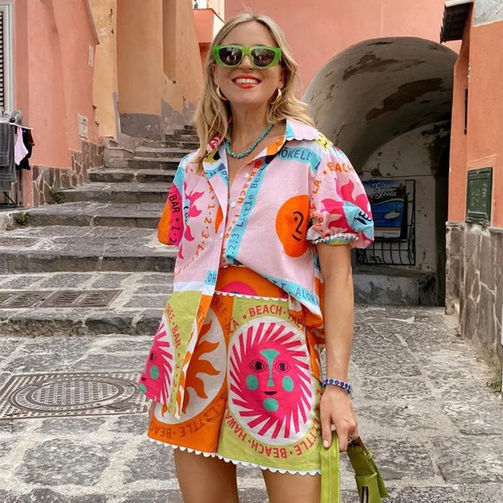 Ensemble imprimé pour femmes avec chemise et short élastique - Mireva