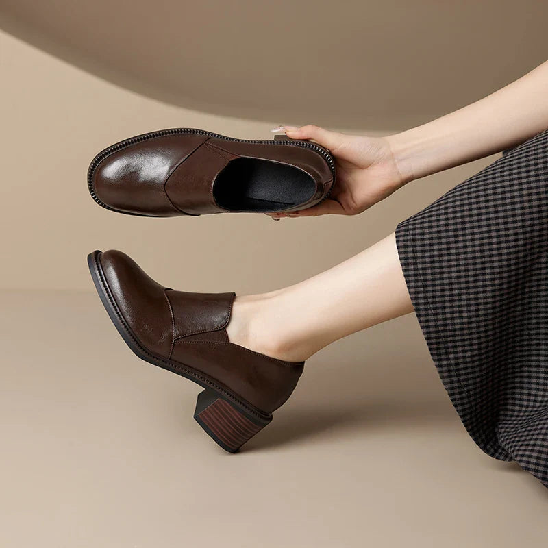 Mocassins en cuir pour femme avec talon large et bout rond - Maelle