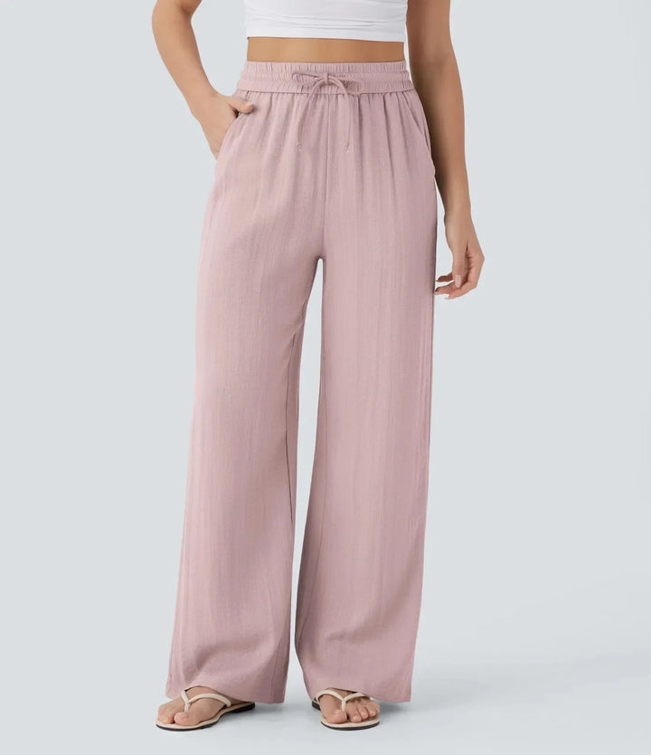 Pantalon large en lin pour femme, taille élastiquée et cordon de serrage ajustable - Brisa