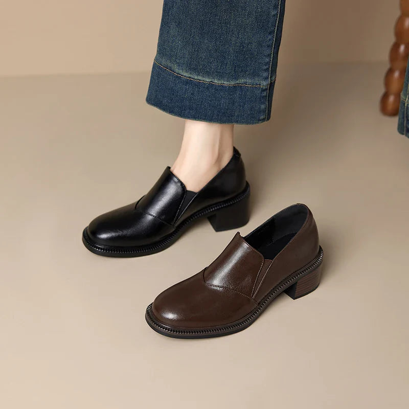 Mocassins en cuir pour femme avec talon large et bout rond - Maelle