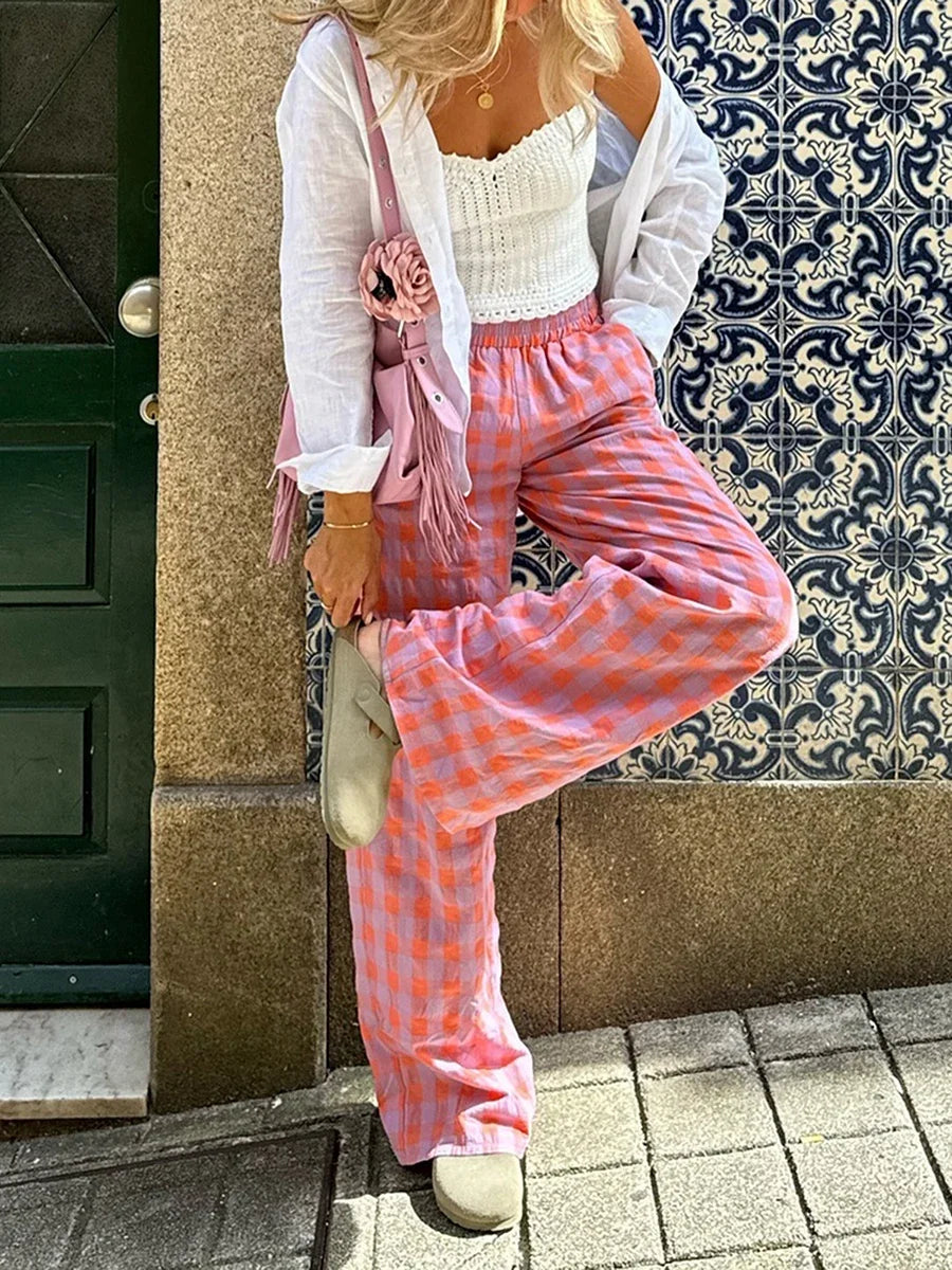 Pantalon à carreaux pour femmes, taille haute et jambe droite - Nara