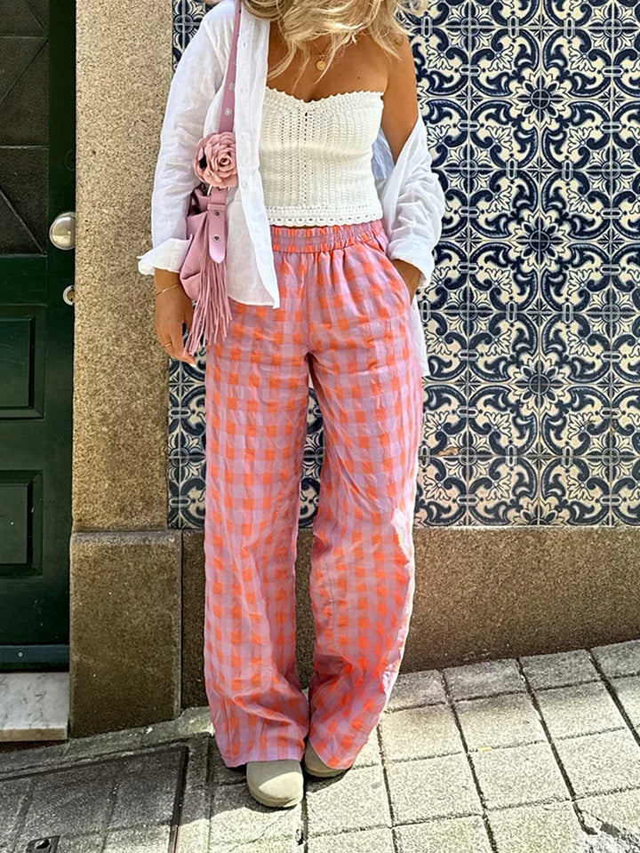 Pantalon à carreaux pour femmes, taille haute et jambe droite - Nara