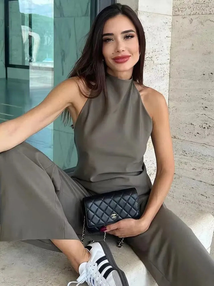 Ensemble dos nu pour femmes avec dos ouvert et pantalon fluide - Mishlova