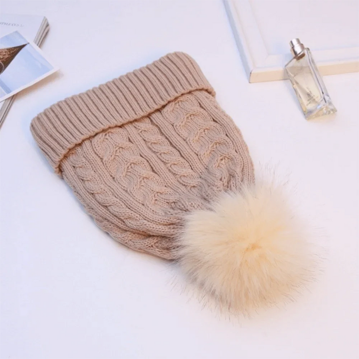 Bonnet tricoté pour femme avec doublure en polaire et pompon - Sauly