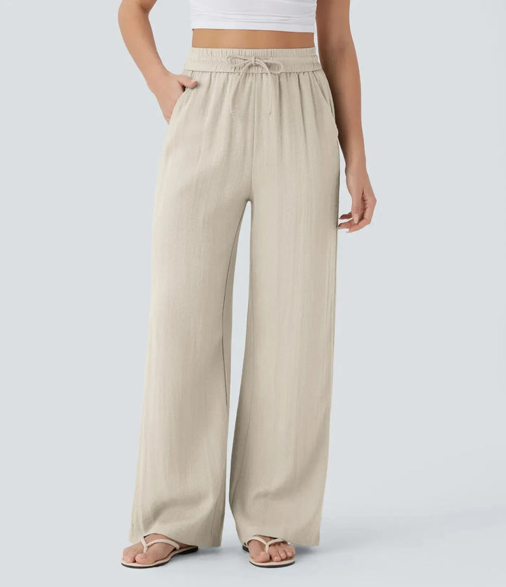 Pantalon large en lin pour femme, taille élastiquée et cordon de serrage ajustable - Brisa