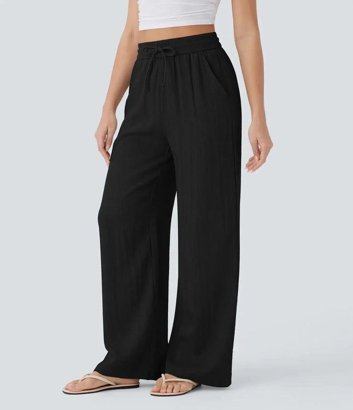 Pantalon large en lin pour femme, taille élastiquée et cordon de serrage ajustable - Brisa