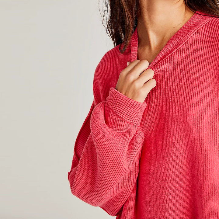 Fayette - Pull Femme Élegant Rouge Oversize à Col Rond et Manches Longues