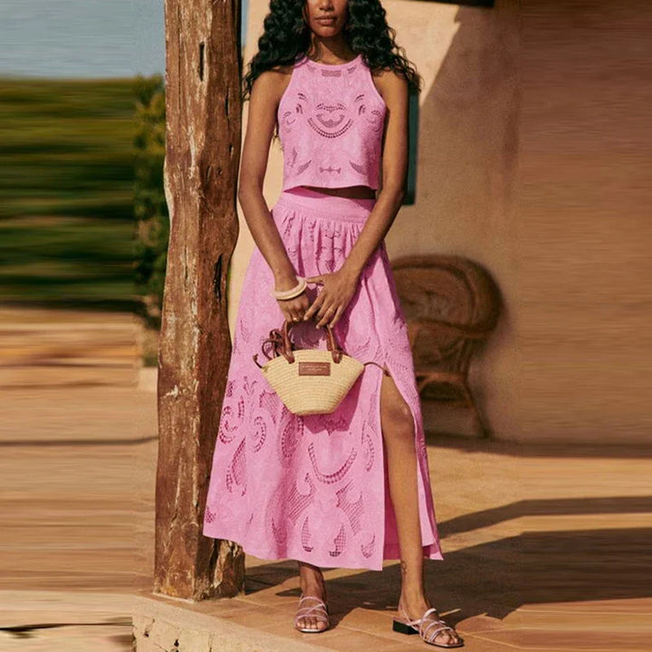 Ensemble femme avec jupe longue brodée et top ajouré - Larea