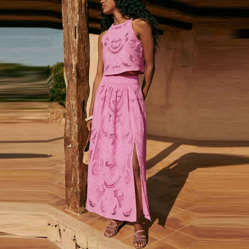 Ensemble femme avec jupe longue brodée et top ajouré - Larea