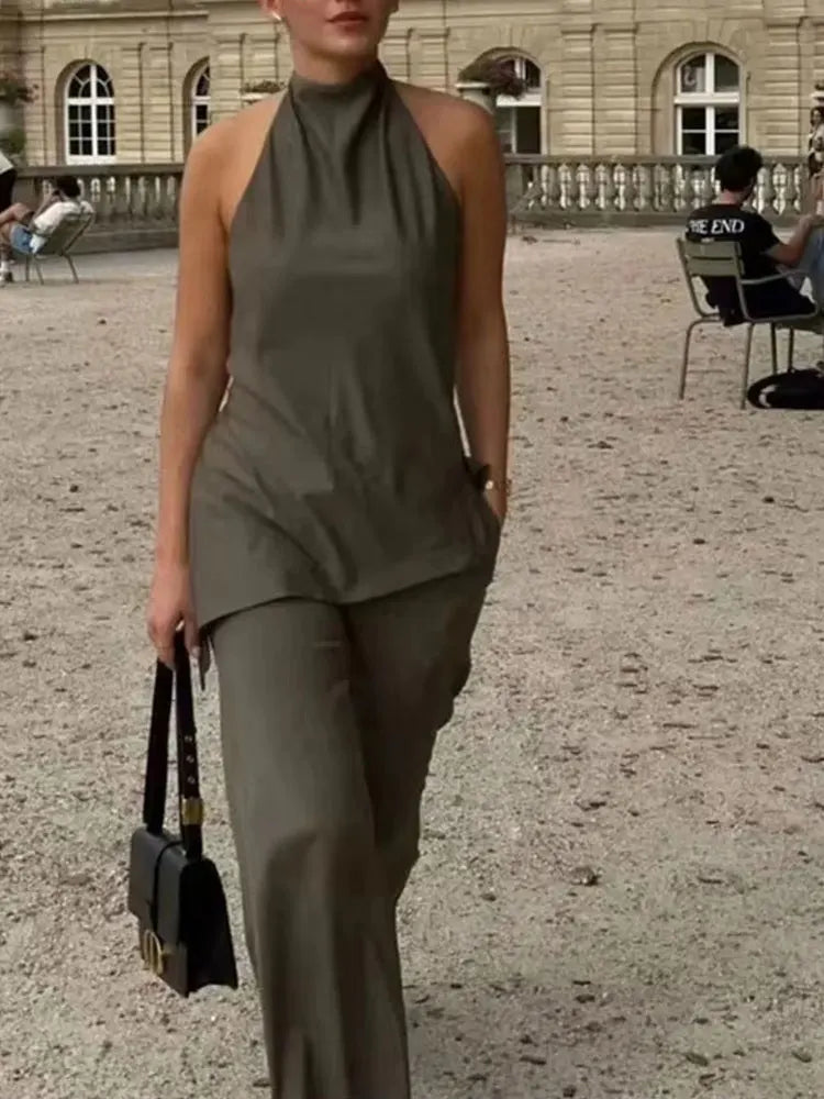 Ensemble dos nu pour femmes avec dos ouvert et pantalon fluide - Mishlova