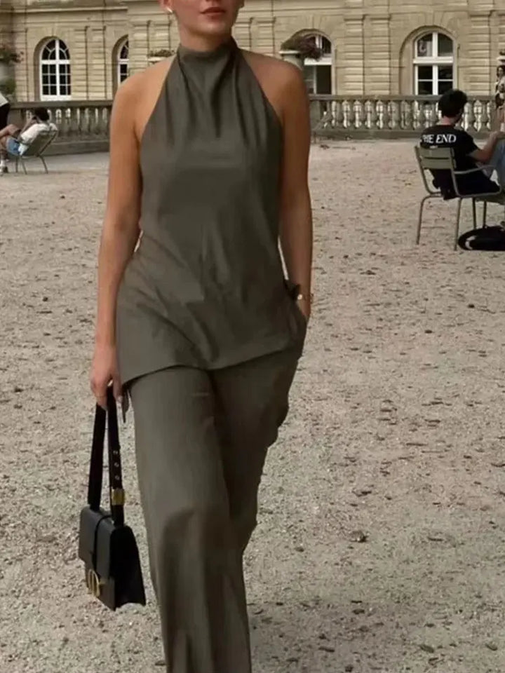 Ensemble dos nu pour femmes avec dos ouvert et pantalon fluide - Mishlova