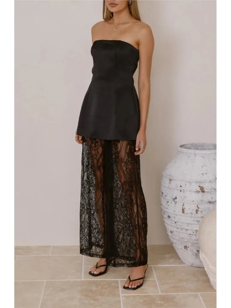 Ensemble femme avec top à bretelles et pantalon en dentelle - Selira