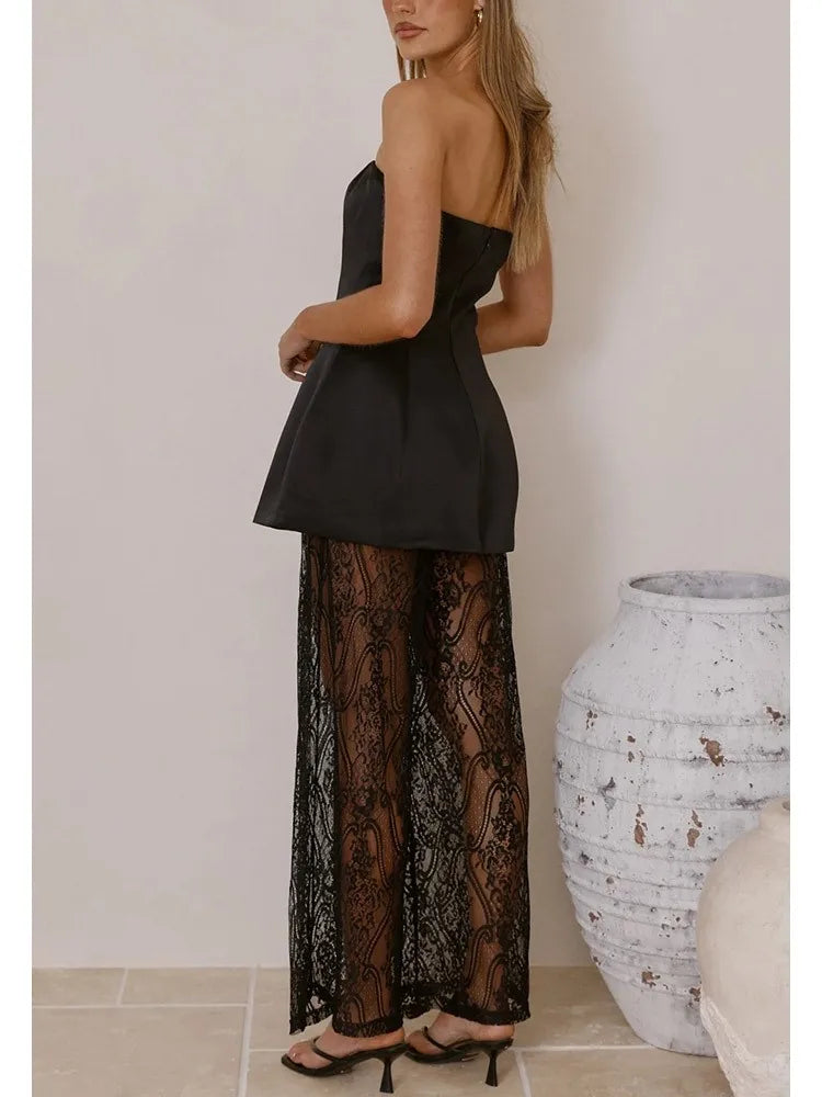 Ensemble femme avec top à bretelles et pantalon en dentelle - Selira