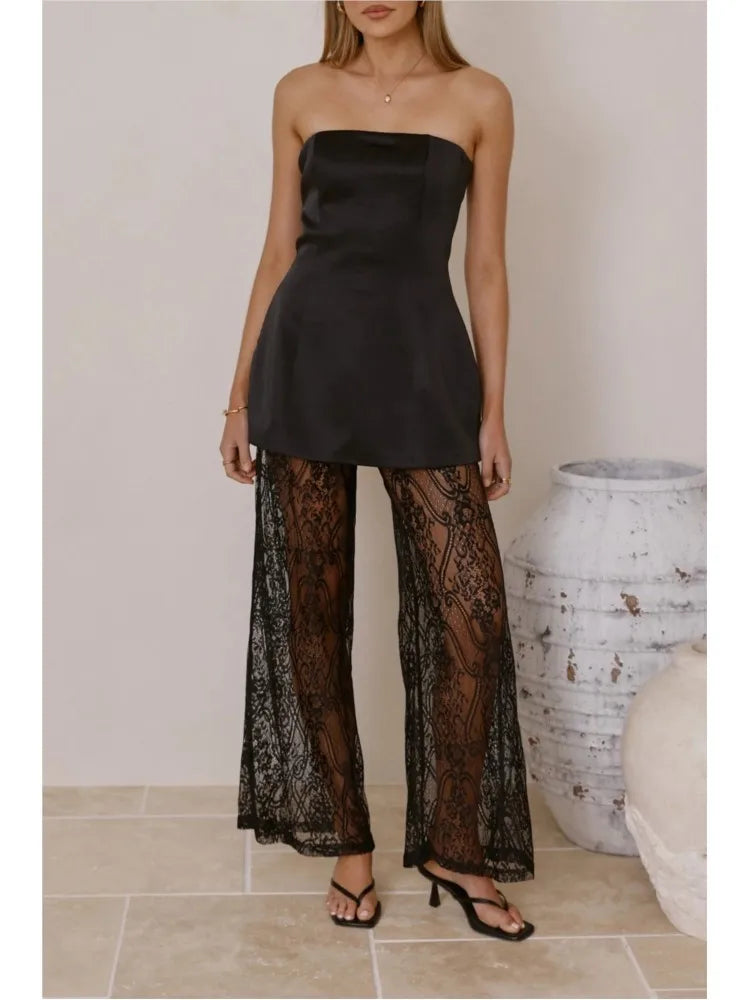 Ensemble femme avec top à bretelles et pantalon en dentelle - Selira