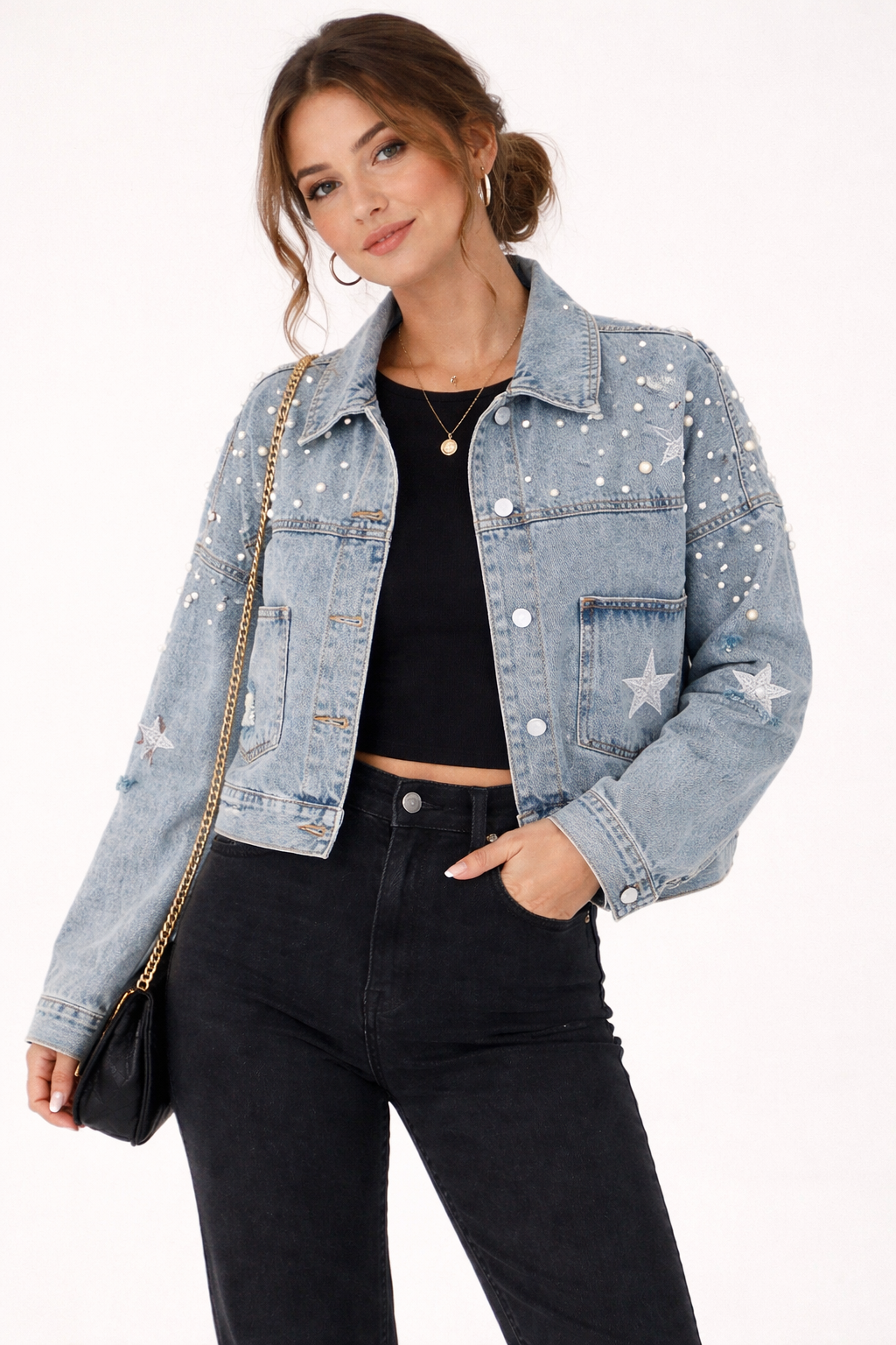 Veste en jean brodée céleste pour femme - Brunhilda