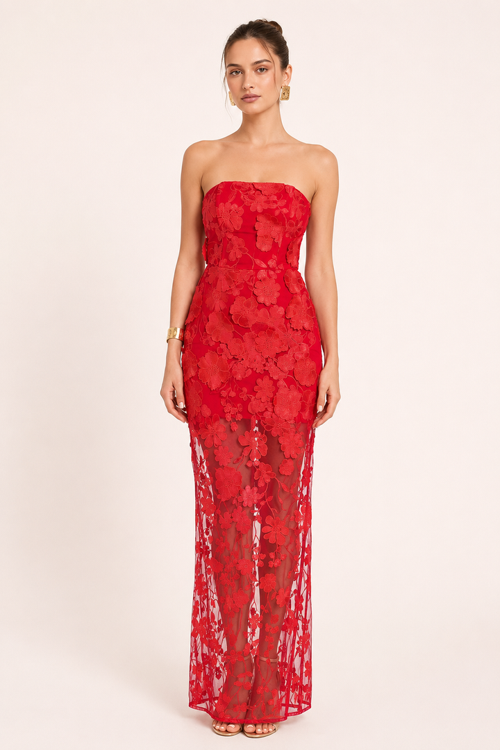Robe de soirée longue pour invitée, avec dentelle florale - Lorelei