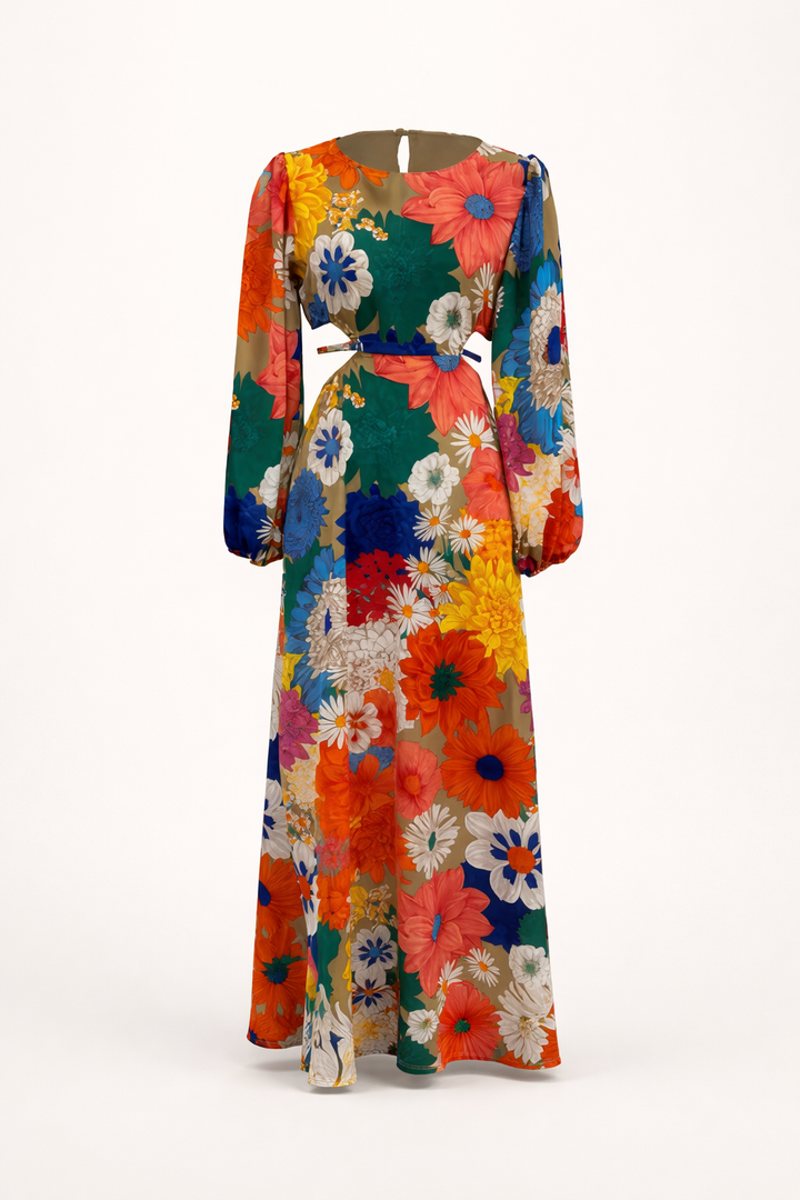 Robe longue à imprimé floral et manches longues bouffantes - Orlena