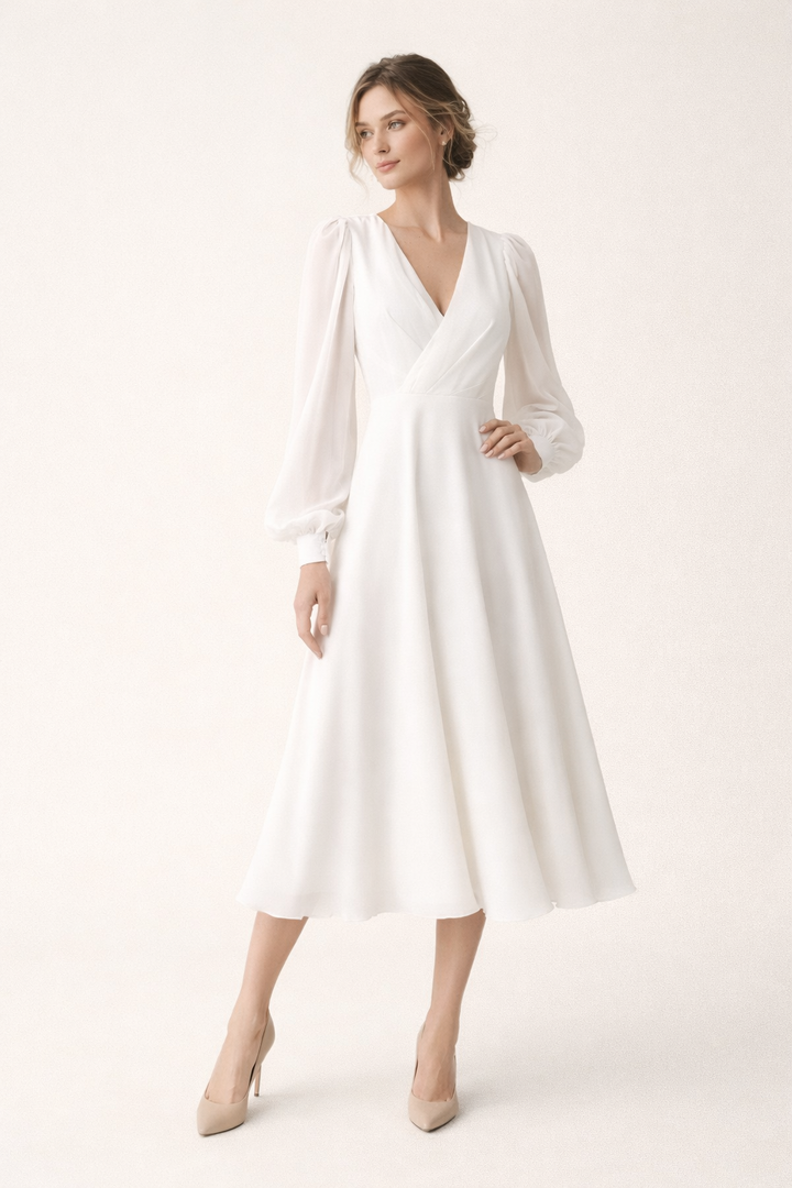 Robe longue avec col en V et manches longues bouffantes - Elsa
