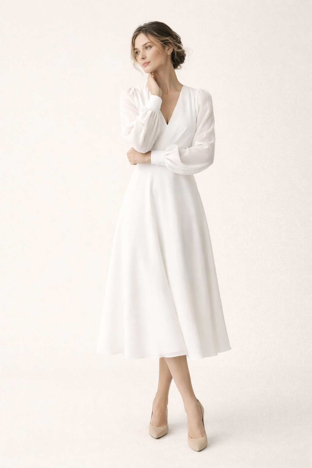 Robe longue avec col en V et manches longues bouffantes - Elsa