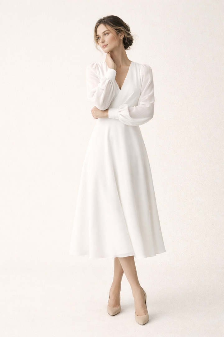 Robe longue avec col en V et manches longues bouffantes - Elsa