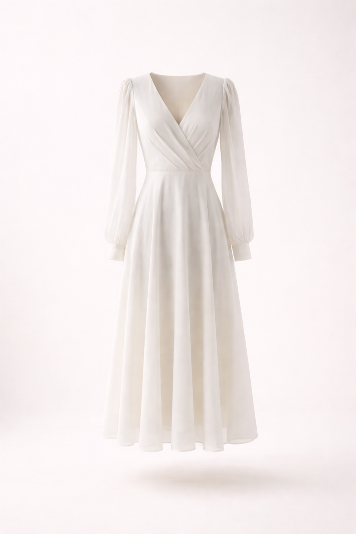 Robe longue avec col en V et manches longues bouffantes - Elsa