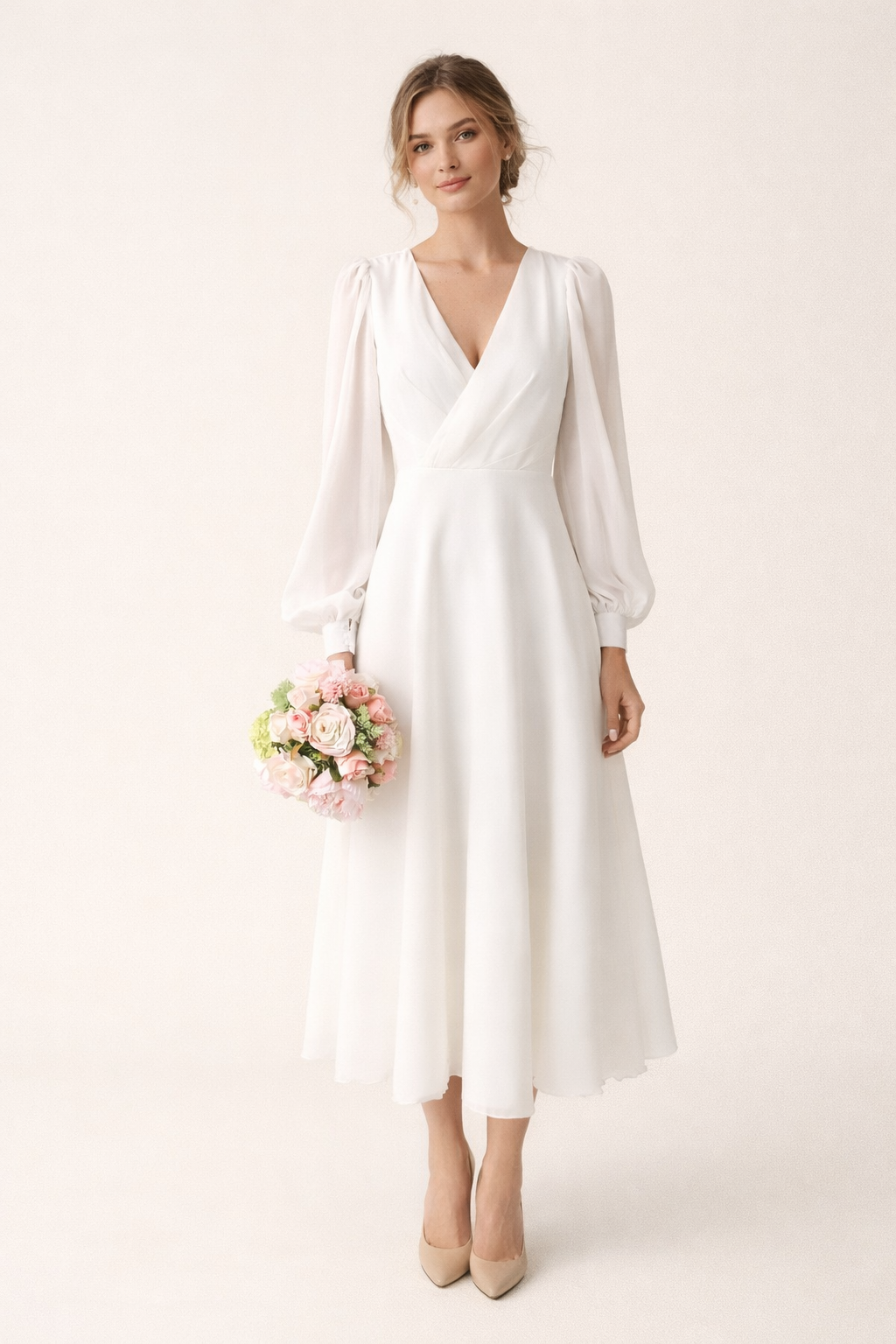 Robe longue avec col en V et manches longues bouffantes - Elsa