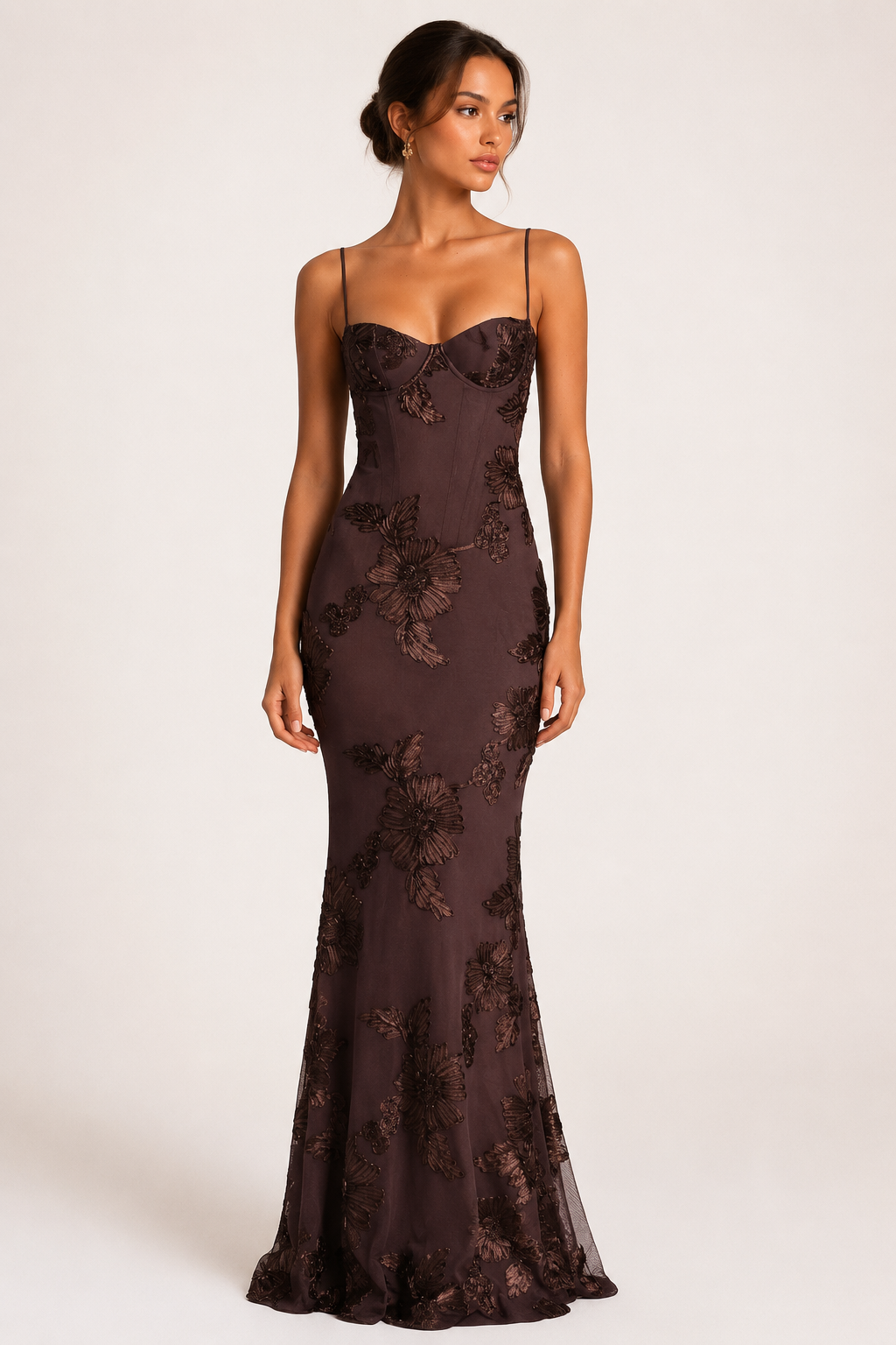 Robe longue femme élégante effet corset broderie florale - Zarelle