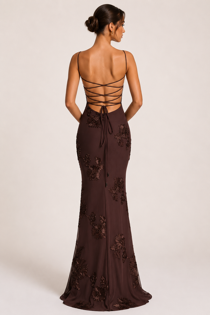 Robe longue femme élégante effet corset broderie florale - Zarelle
