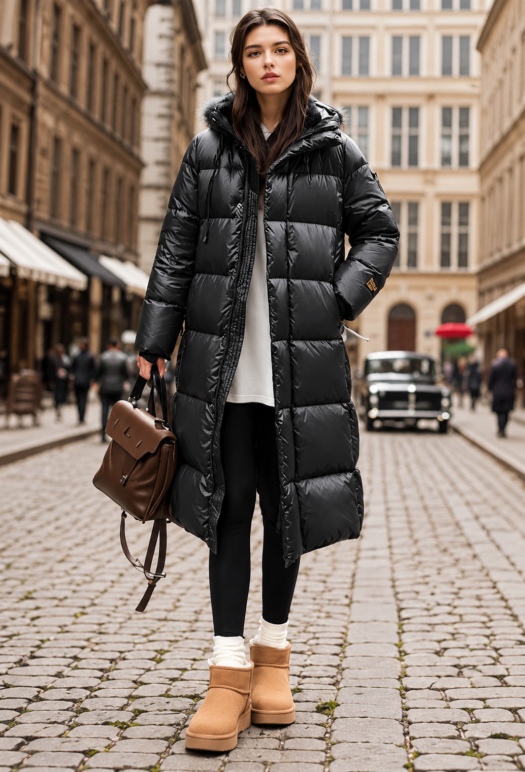Manteau matelassé long femme à capuche, coupe ample pour l&