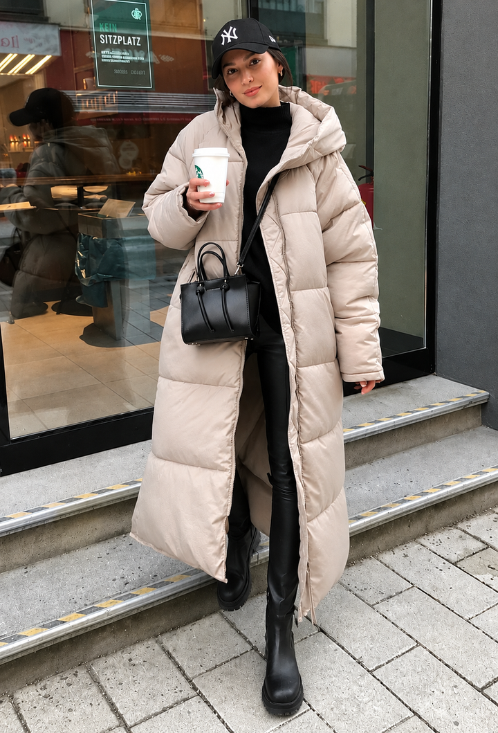 Manteau matelassé long femme à capuche, coupe oversize pour l&