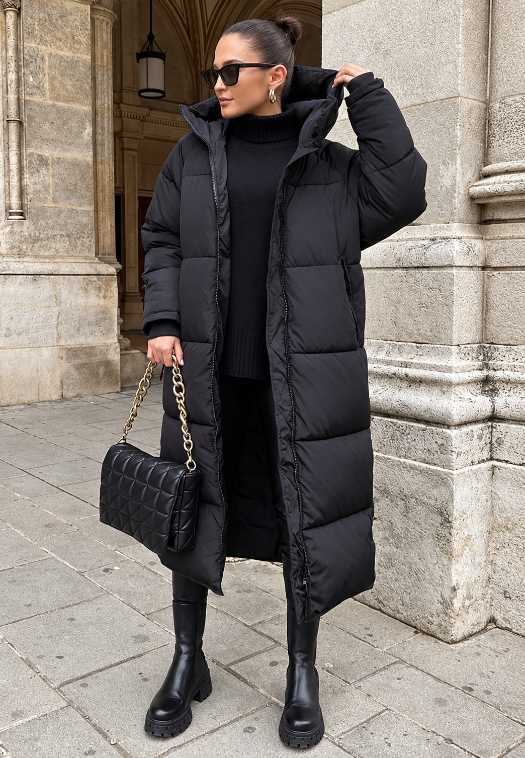 Manteau matelassé long femme à capuche, coupe oversize pour l&
