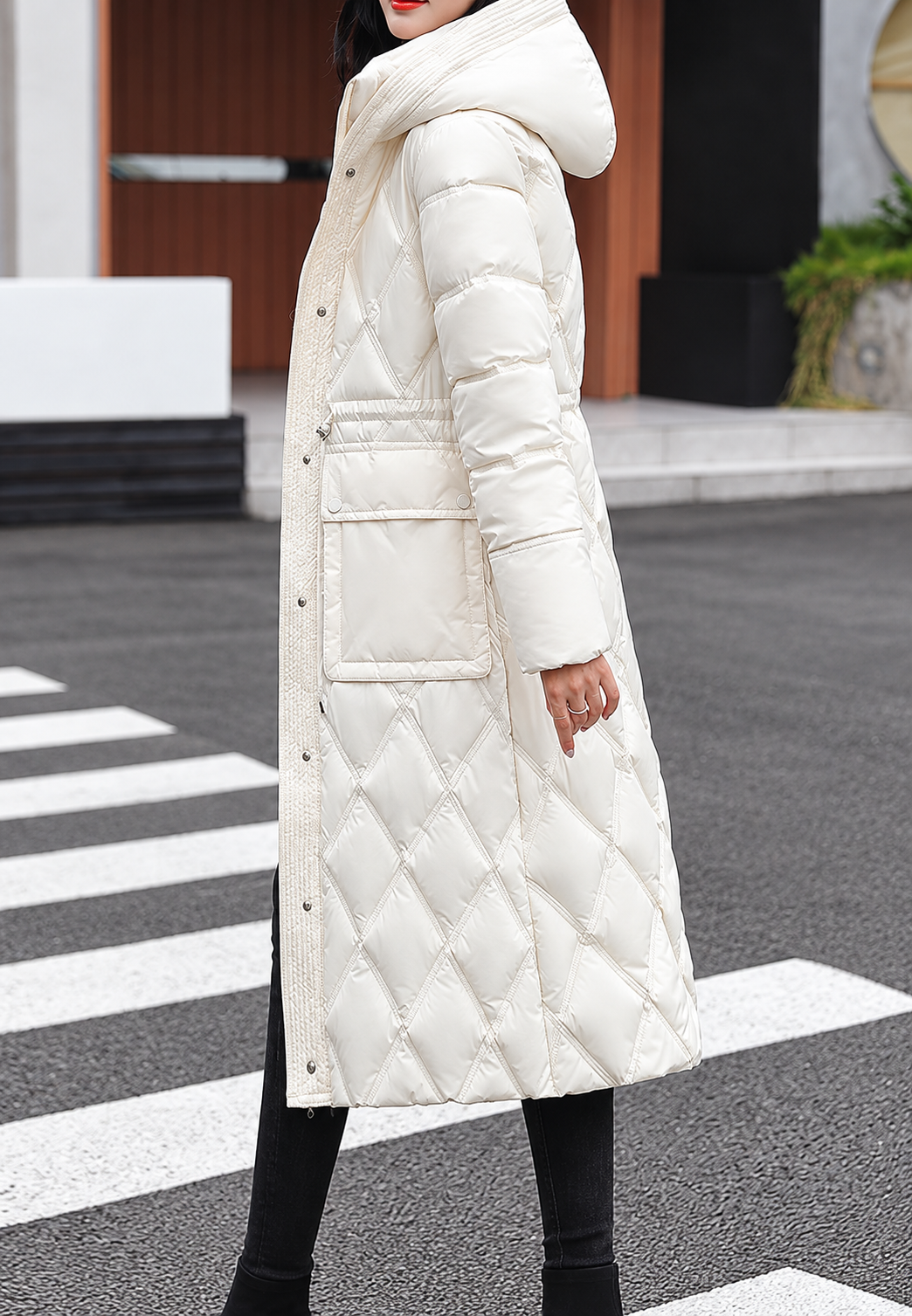 Manteau matelassé long femme à capuche et taille ajustable - Maribel