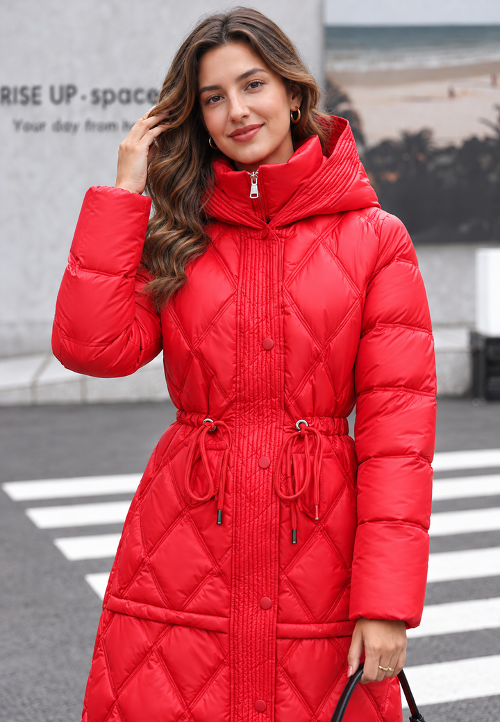 Manteau matelassé long femme à capuche et taille ajustable - Maribel