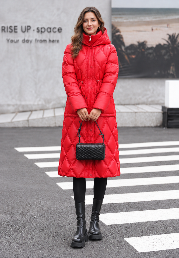 Manteau matelassé long femme à capuche et taille ajustable - Maribel