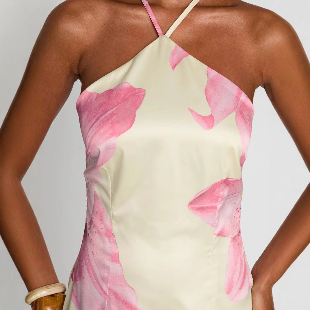 Robe courte à imprimé floral et encolure licou pour femmes - Martina