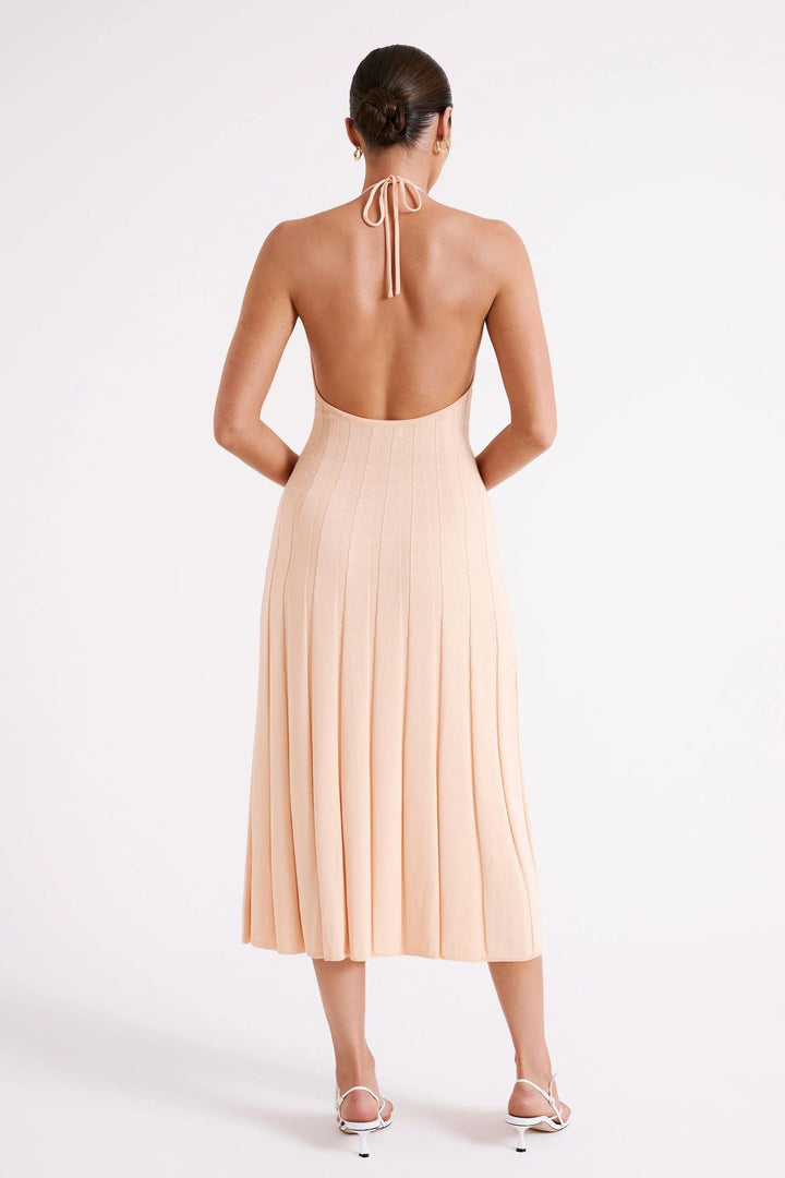 Robe midi féminine en tissu plissé avec col licou - Dalila