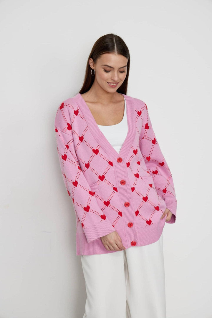 Cardigan tricoté pour femmes avec boutons et imprimé cœur - Leeni
