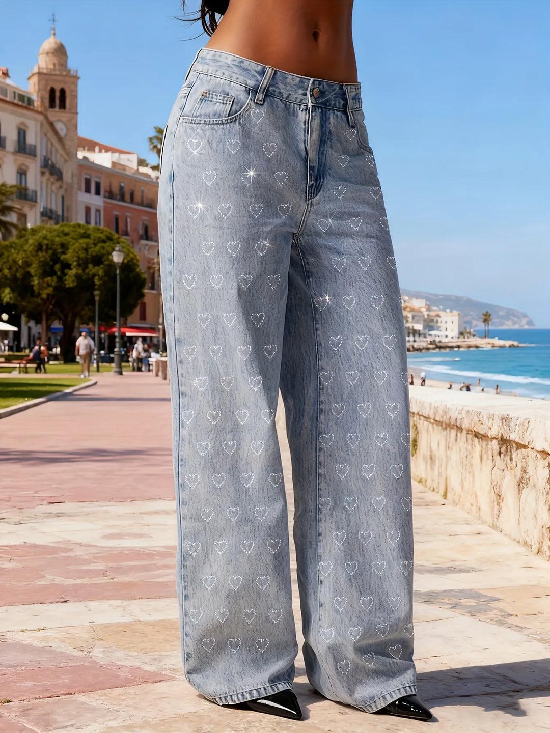 Jean taille haute pour femmes avec cœurs étincelants - Kimberly