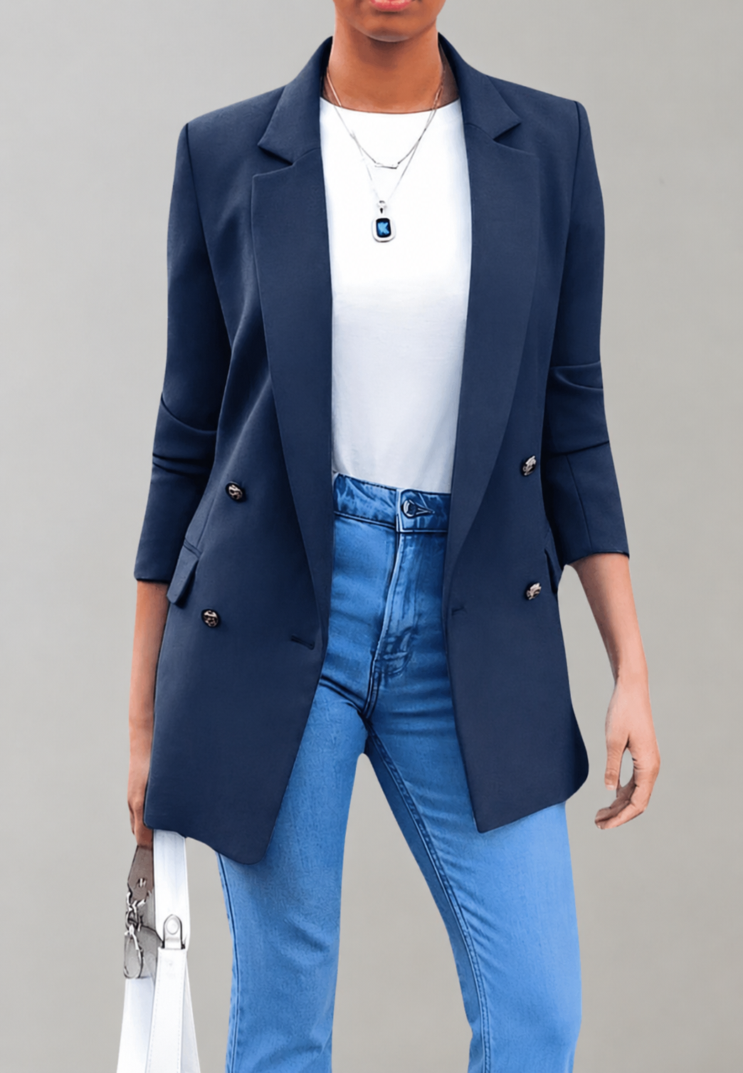 Blazer long pour femme, double boutonnage, revers - Greta