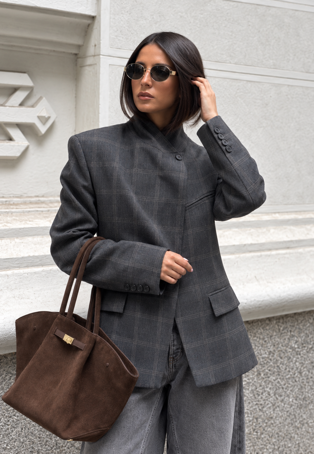 Blazer femme à carreaux, col montant, boutons apparents, épaulettes - Vega