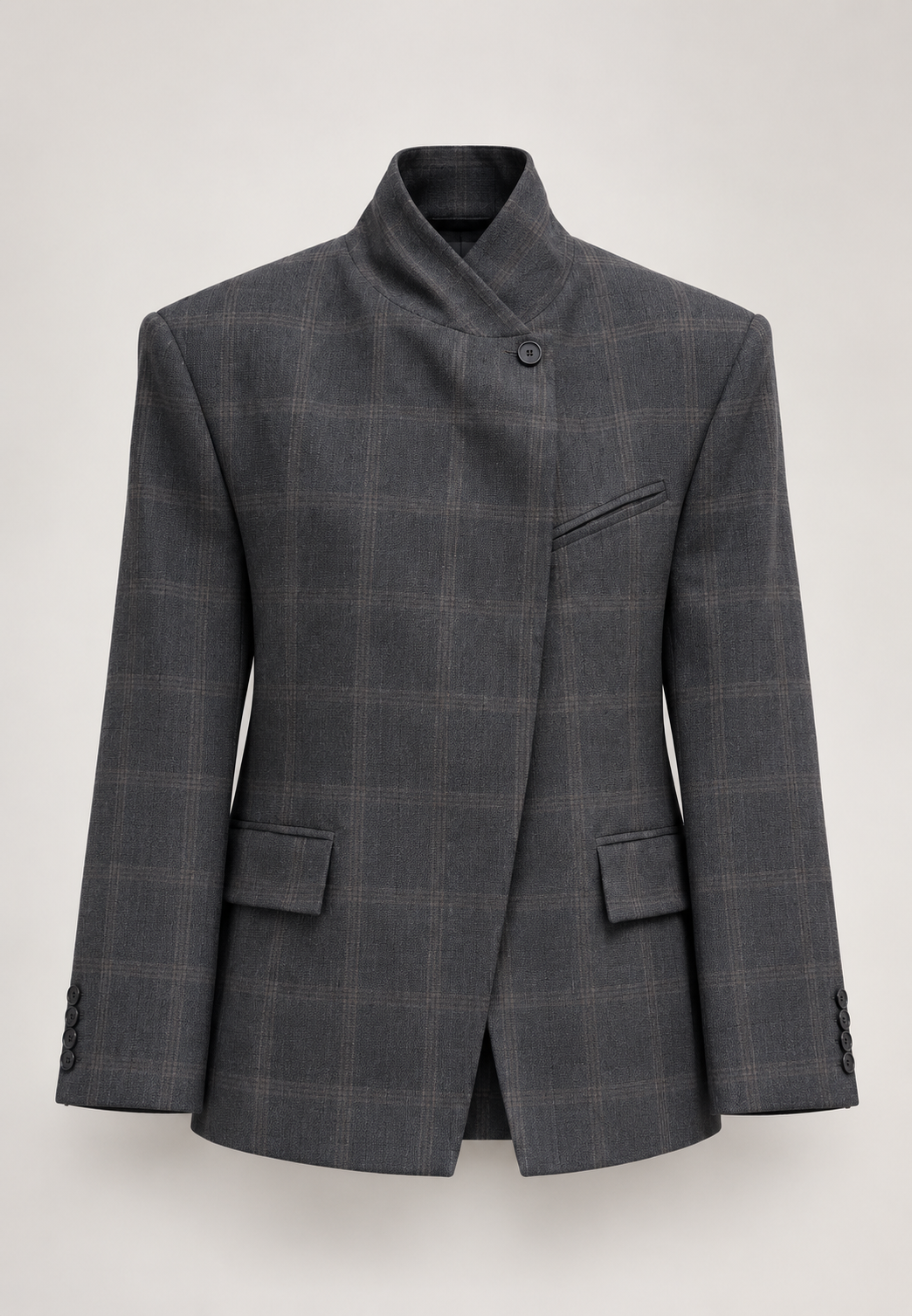 Blazer femme à carreaux, col montant, boutons apparents, épaulettes - Vega