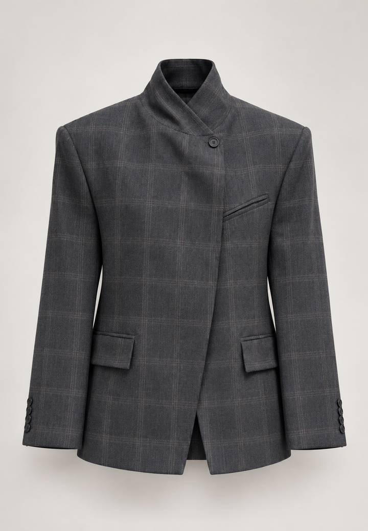Blazer femme à carreaux, col montant, boutons apparents, épaulettes - Vega
