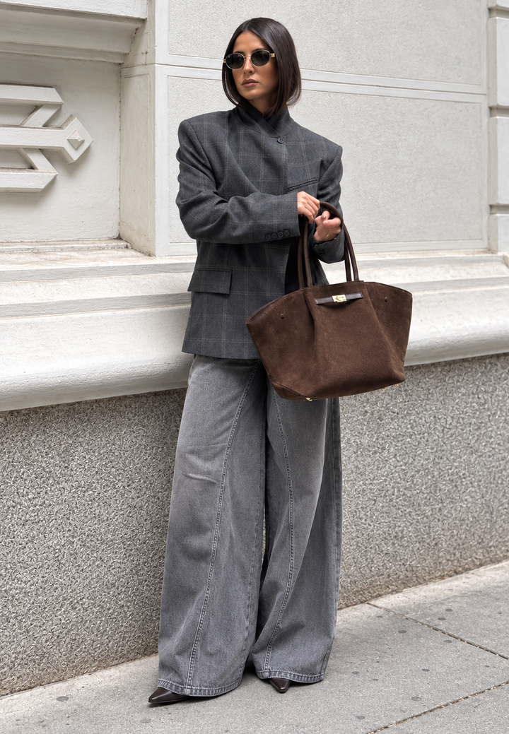 Blazer femme à carreaux, col montant, boutons apparents, épaulettes - Vega