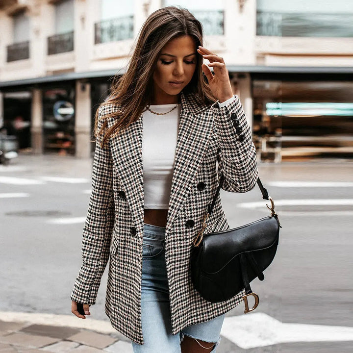 Blazer femme à carreaux, double boutonnage, revers - Karina