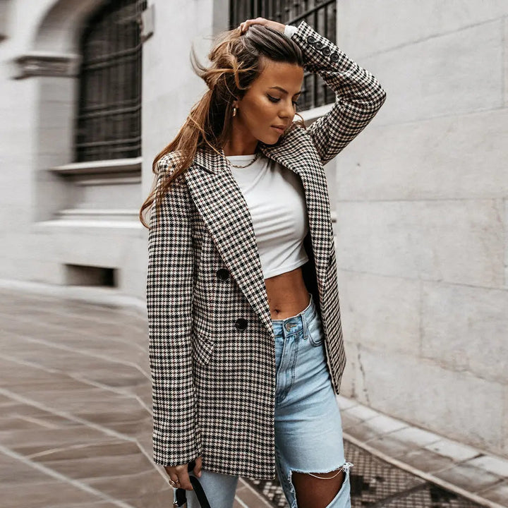 Blazer femme à carreaux, double boutonnage, revers - Karina