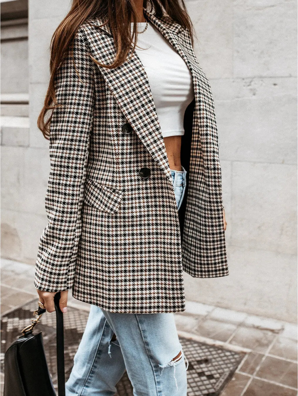 Blazer femme à carreaux, double boutonnage, revers - Karina