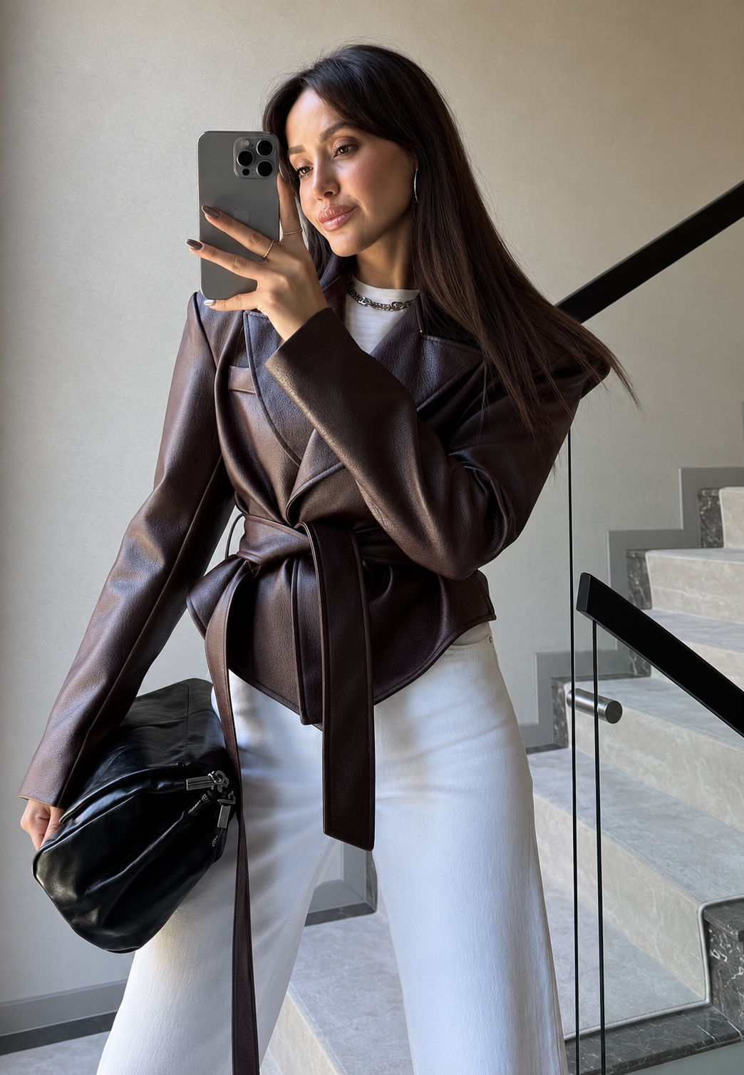 Blazer femme effet cuir avec ceinture à nouer - Elowen