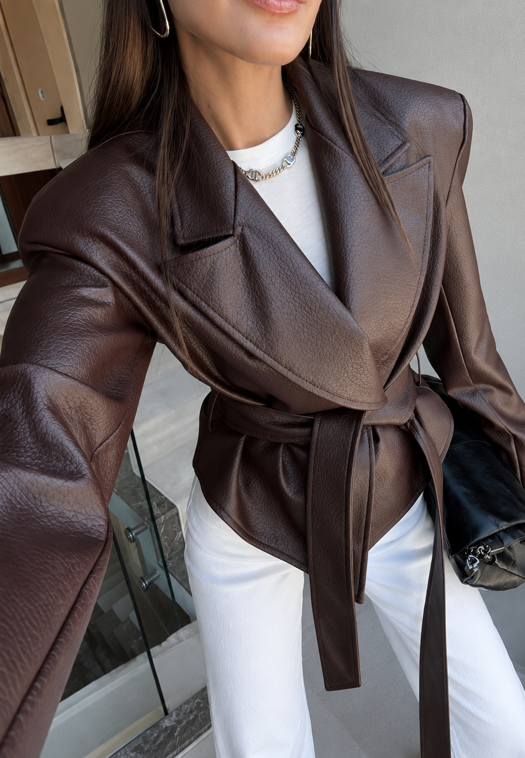 Blazer femme effet cuir avec ceinture à nouer - Elowen