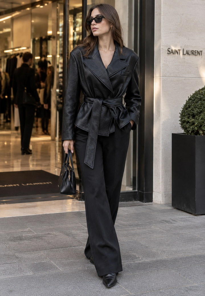 Blazer femme effet cuir avec ceinture à nouer - Elowen